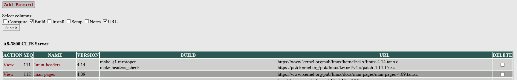 Build and URL columns selected