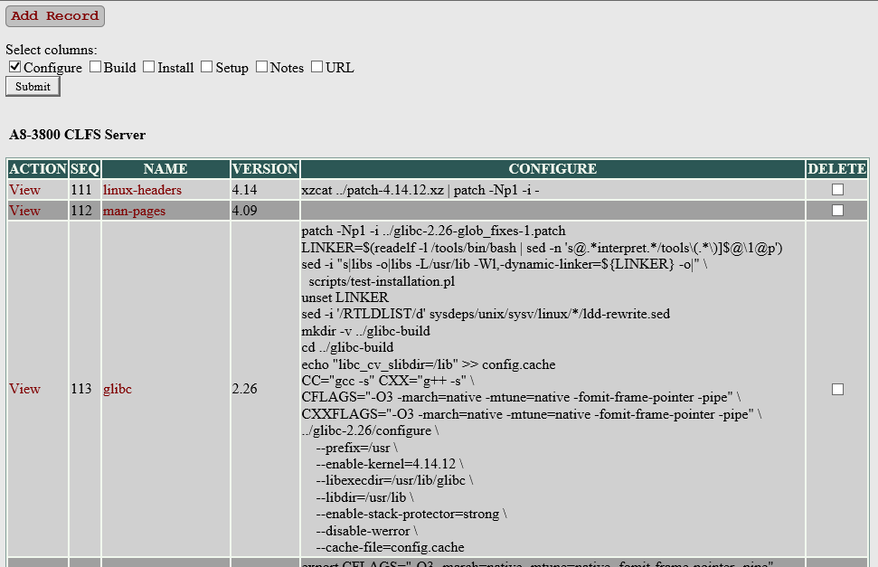 Configure column selected